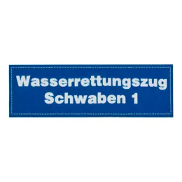 Klettschild, blau, 150x50 mm, Text nach Angabe
